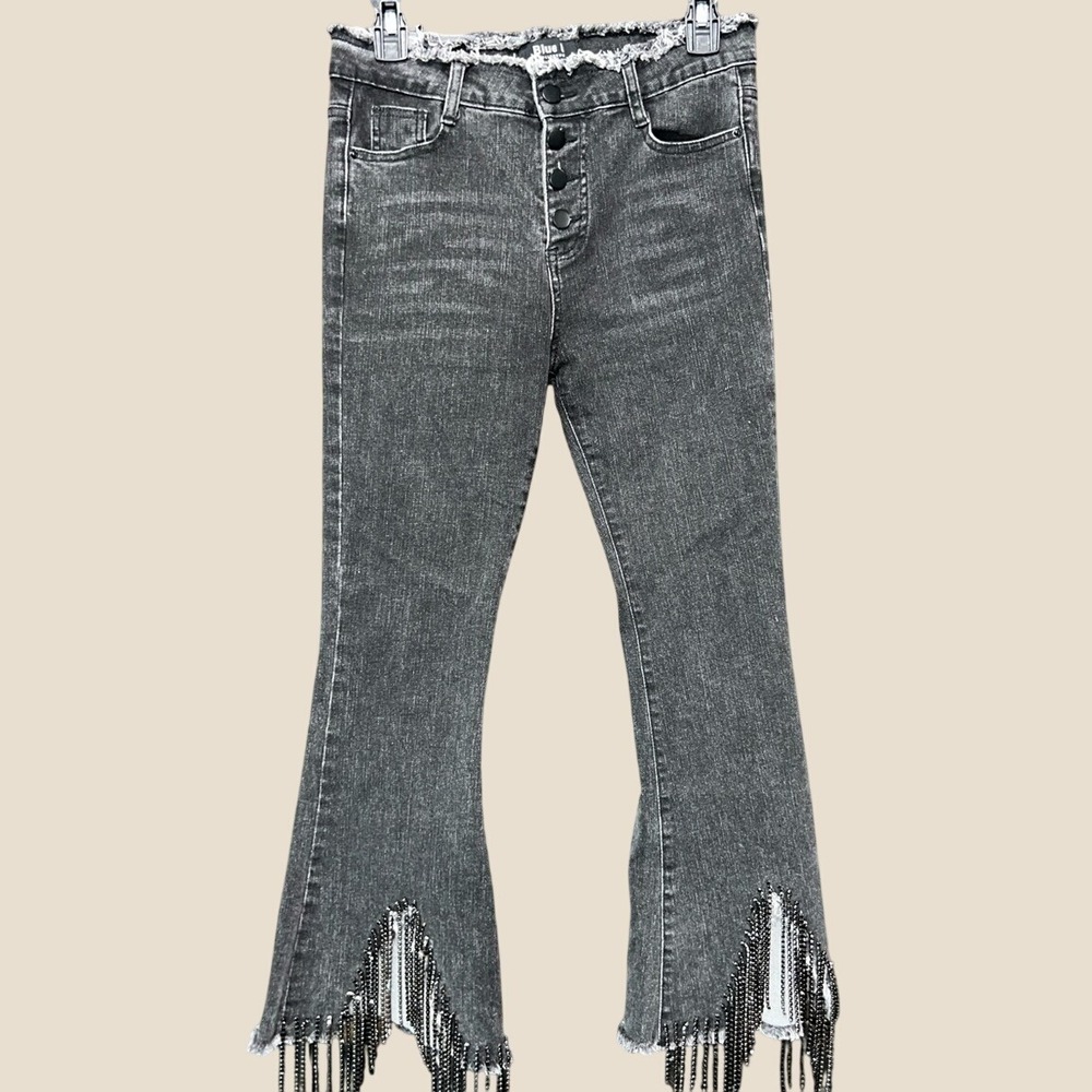 Black Embellished Flare High Rise Jeans M‎ Frayed Festival Grunge Blue B Cropped
